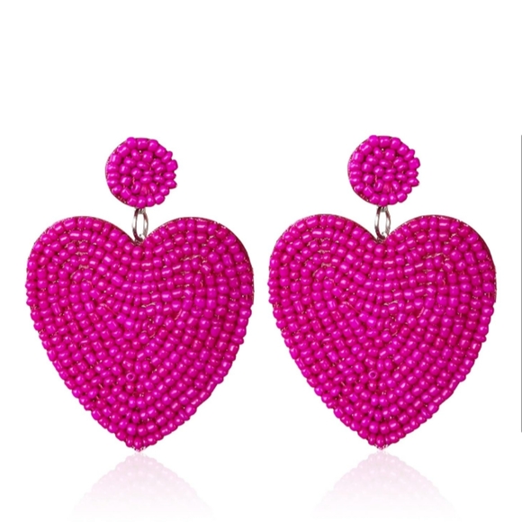 Handmade Large Pink Heart Beaded Earrings Bead Hearts Cute Statement Jewelry New - Picture 6 of 7